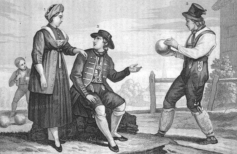 Traditional clothing styles and culture from the 19th century. Bavaria, Germany, farmer from Jachenau, farmer from Lengries, farmer from Schliersee, illustration, reproduction from a model from the 19th authentic, file restored for optimal use, exact date of original unknown, historical