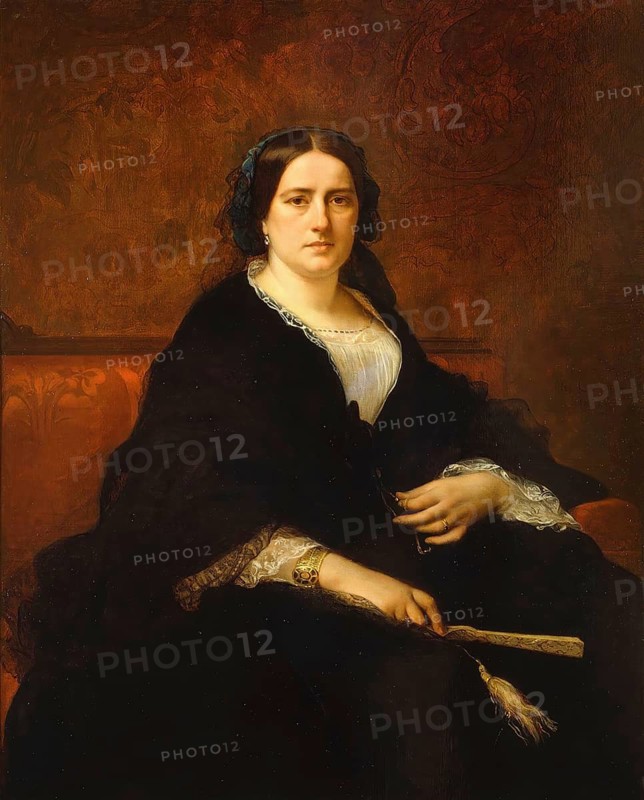 Oil painting by Élodie Martin-Balsan, the portrait depicts Élodie Martin-Balsan seated against a dark, patterned background. Her gaze is directed directly and solemnly towards the viewer. She is wearing an elegant black dress with delicate lace trimmings on the sleeves and neckline, as well as classic jewellery, and is holding a fan in her hand. The work is by Alexandre Cabanel (born 28 September 1823 in Montpellier, died 23 January 1889 in Paris), a French academic history painter. Reproduction of a 19th-century original. Authentic, file restored for optimal use, exact date of the original unknown