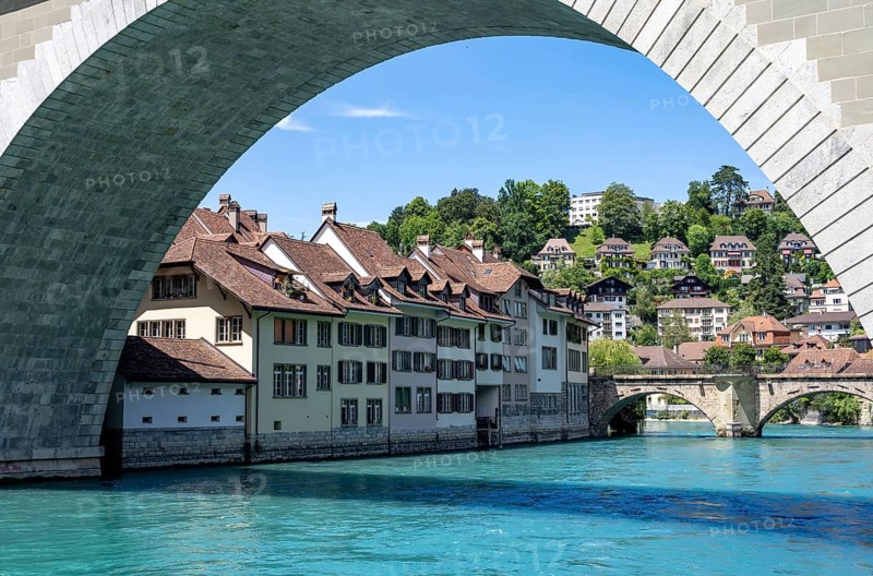 Row of houses on the banks of the river Aare, Nydegg district, Bern, Canton of Bern, Switzerland