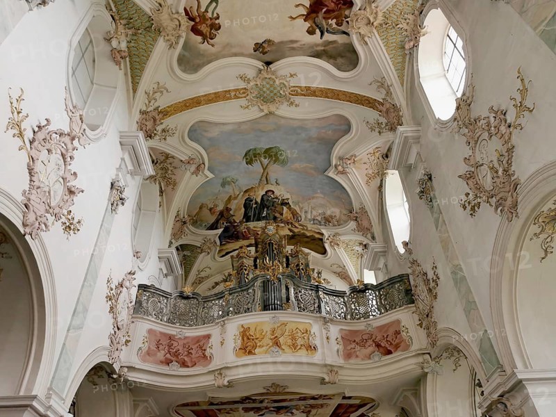 Ceiling fresco and organ of the monastery church in Mönchsdeggingen Abbey, former monastery of the Mariannhill Missionaries, near Nördlingen on southern Riesrand, Donau-Ries district, Swabia, Bavaria, Germany