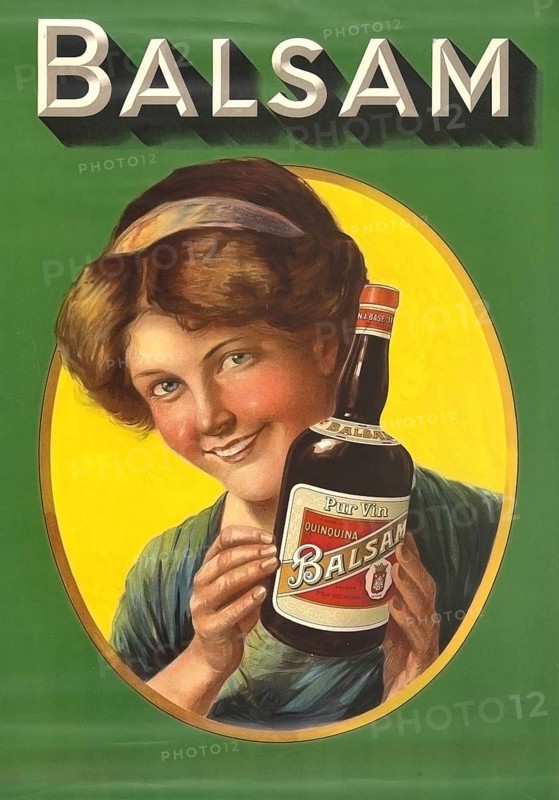 Advertising poster, beverage advertisement, advertising poster for Balsam Quinquina from the De Beukelaer distillery in Antwerp from around 1910. A young woman presents a bottle of herbal liqueur against a green background, authentic reproduction of a historical advertising poster, advertising sign, in high resolution
