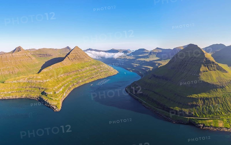 Panoramic view of Funningsfjørður near Funningur on Eysturoy island, fjord with steep mountains, Faroe Islands, Denmark