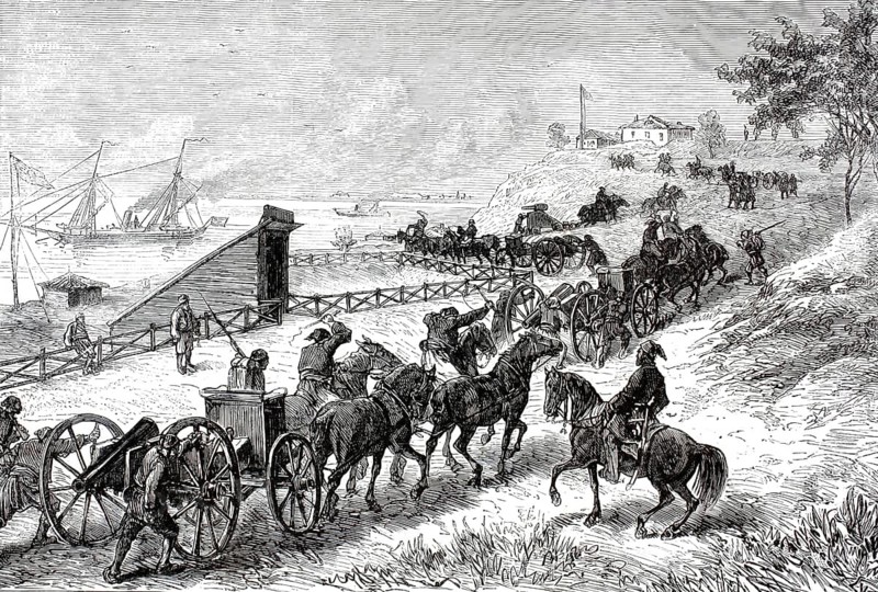 Russo-Ottoman War (1877–1878), Russian troops crossing the Danube near the strategically important fortress of Rustchuk, Roustchouk, Russe, on the Bulgarian-Romanian border, Bulgaria, illustration, reproduction of a 19th-century original. Authentic, file restored for optimal use, exact date of the original unknown, historical