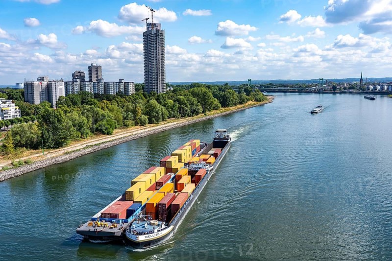 Low water in the Rhine near Cologne, looking north, Mülheimer Rheinbrücke, container freighter Melizzo, in the paddock, push association, due to the distribution over 3 parts of the ship, the draft is not as large and a larger quantity of freight, containers, can be transported at the same time, inland shipping is severely restricted, only a few ships sail, then with a significantly reduced load, on the day of recording it was the lowest ever measured Rhine level in Cologne, 60 cm, Colonia House, high-rise residential building in Cologne-Riehl, 147 meters high, North Rhine-Westphalia, germany