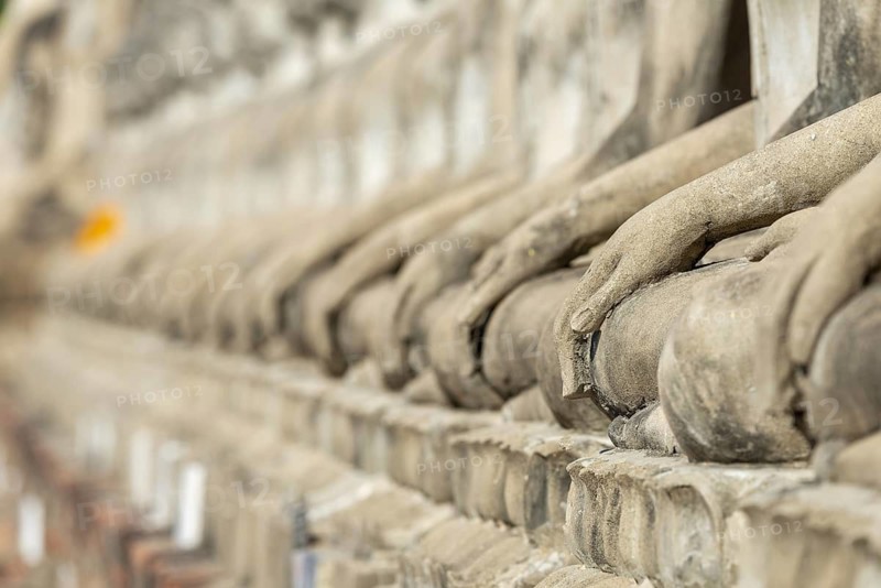 Row of Buddha statues (Bhumispara-mudra, Buddha Gautama at the moment of enlightenment), Great Chedi Chaya Mongkol, Wat Yai Chai Mongkon, Ayutthaya, Thailand