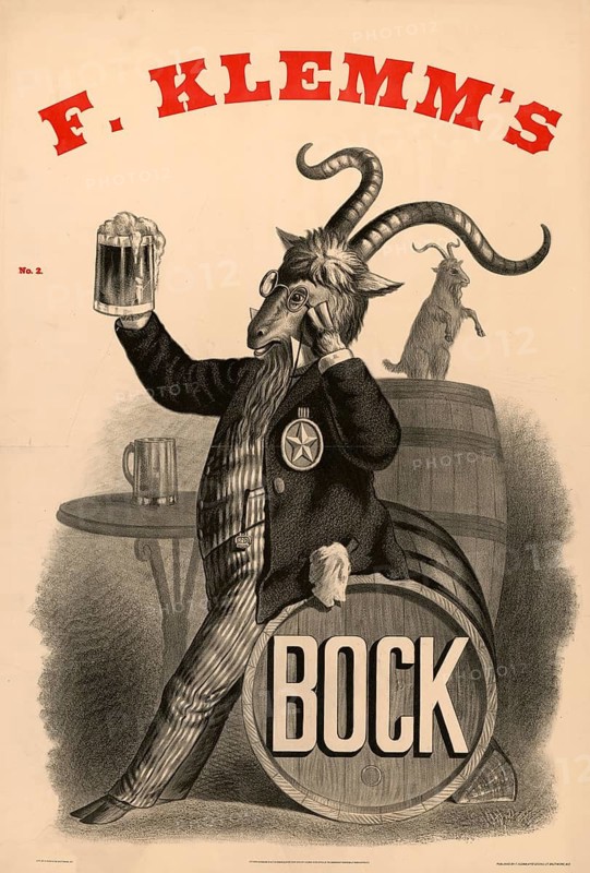 Advertising poster, beverage advertisement, advertising poster for F. Klemm's buck, around 1880. Illustration shows an anthropomorphic goat in human clothing holding a glass of beer and sitting on a keg, American brewery advertisement, authentic reproduction of a historical advertising poster, advertising sign, in high resolution