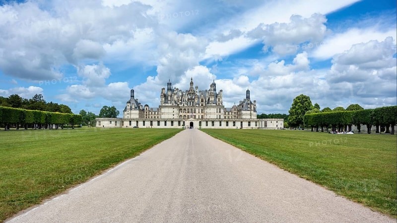 Southeast view, panorama of the monumental Renaissance Château de Chambord castle with its distinctive, richly decorated roof silhouette of numerous towers, chimneys and dormers, Chambord Castle, Blois arrondissement, Loir-et-Cher department, Centre-Val de Loire region, France