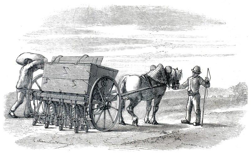 A horse-drawn drill, probably a Hornsby machine from 1859, authentic, high-resolution reproduction from a 19th century original, exact date of depiction unknown, historical