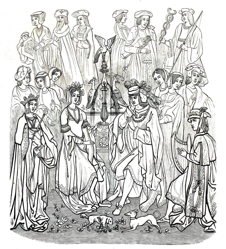 This 19th-century print is an exact reproduction of a famous Flemish tapestry from the early 16th century (c. 1525), depicting a significant historical event of the Renaissance. The original artwork depicts the political marriage of King Louis XII of France and Princess Mary Tudor (the younger sister of King Henry VIII of England) . The wedding took place on 9 October 1514 in Abbeville to seal the peace between the two great powers, an authentic, high-resolution reproduction based on a 19th-century original, exact date of the depiction unknown, historical