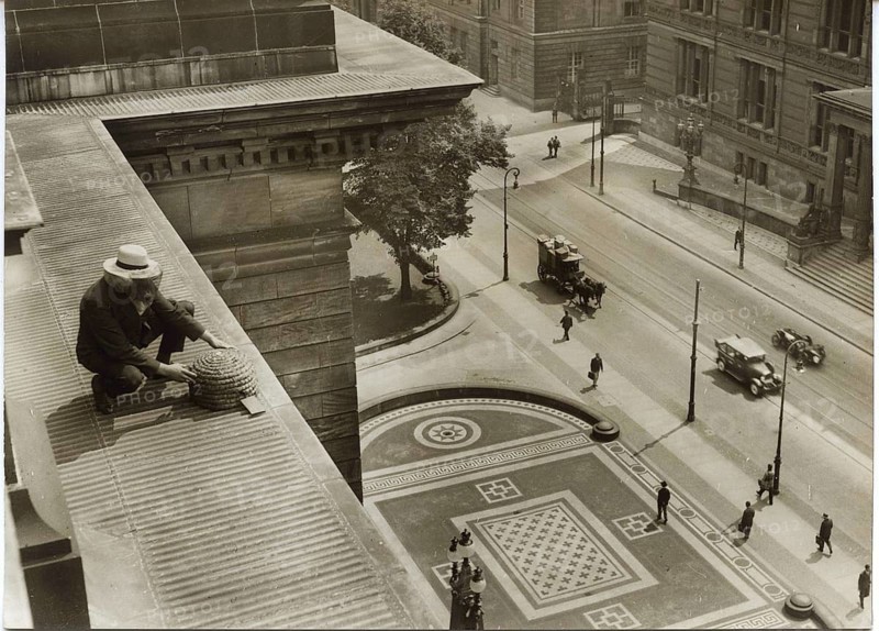 Berlin, Mitte, beekeepers on the roof of the Prussian Land, Prinz-Albrecht-Str., today Niederkircher Straße, street mosaic, view of Gropius-Bau, bird's eye view of an urban road network Historical black and white photography