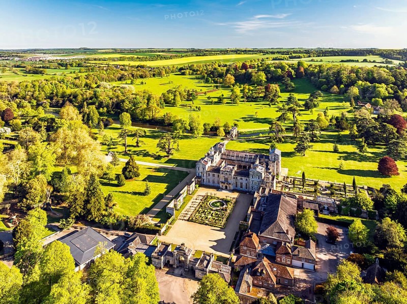 Wilton House from a drone, Wilton, River Nadder, Salisbury, Wiltshire, England, United Kingdom