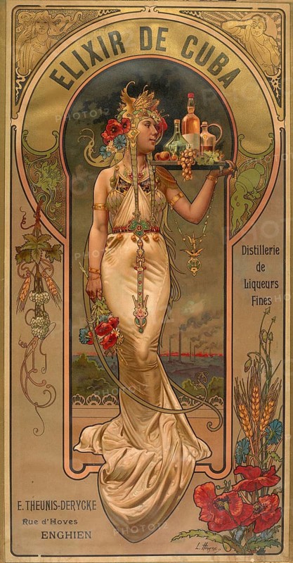 Advertising poster, beverage advertisement, advertisement for Elixir de Cuba, a product of the Theunis-Derycke distillery in Enghien, Belgium. The scene shows an allegorical female figure carrying a selection of bottles and fruits on a tray, 1902, authentic reproduction of a historical advertising poster, advertising sign, in high resolution