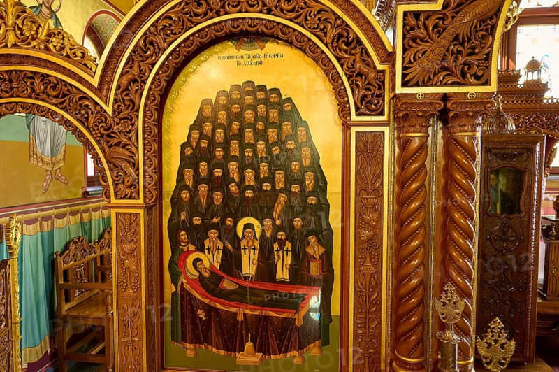 Agiou Sarvas monastery, Agion Pandon church, religious image with icons in an ornate golden frame, Pothia, main town, port, Kalymnos, Sponge Diving Island, Dodecanese, Greek Islands, Greece