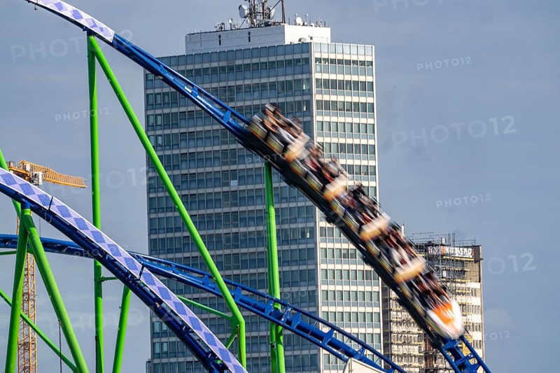 Rollercoaster, Alpina Bahn, at the Rheinkirmes in the Rheinwiesen in Düsseldorf-Oberkassel, North Rhine-Westphalia, Germany