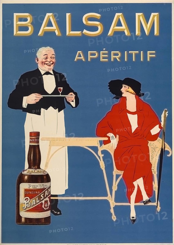 Advertising poster, beverage advertisement, advertising poster from the 1920s promotes the French drink balm aperitif, an elegant woman in a red coat and black hat being served by a waiter in a café. Balsam aperitif au quinquina, marketed as quinine-based wine, quinquina, authentic reproduction of a historical advertising poster, advertising sign, in high resolution