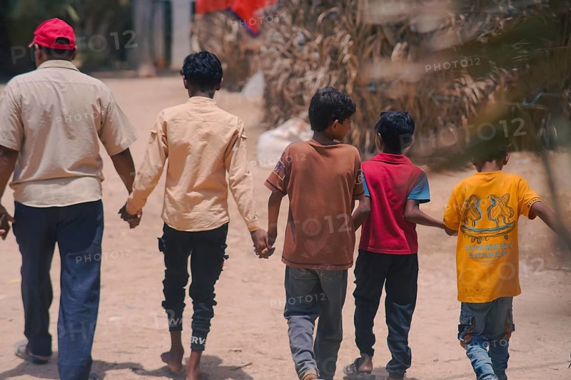 Yemeni children living in a refugee camp under difficult humanitarian conditions. Yemen, April 12, 2024, Seiyun, Yemen