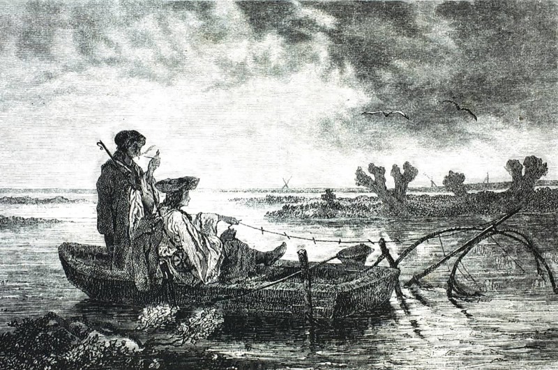 Fishermen on the Tisza, 1859. Two traditionally dressed fishermen in a simple wooden boat on the Tisza River, Hungarian lowlands, Hungary, authentic, high-resolution reproduction of a model from the 19th century, exact date of depiction unknown, historical