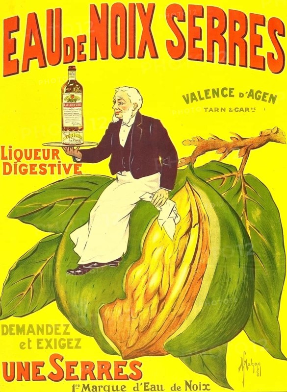 Advertising poster, beverage advertisement, Eau de Noix Serres is a vintage French poster for a walnut liqueur from 1910, designed by Franc Malzac. The poster shows a waiter sitting on a huge walnut and presenting a tray with the liquor bottle, authentic reproduction of a historical advertising poster, advertising sign, in high resolution