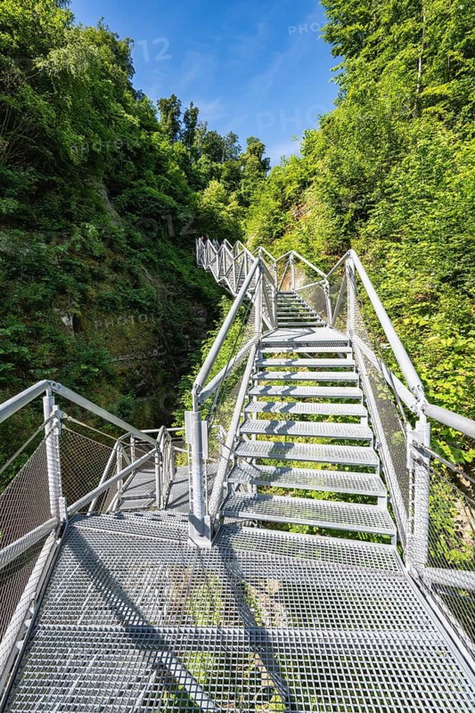 The panoramic jetty of the Marienschlucht, which was opened in 2026 and is accessible to tourism. The new tourist attraction on Lake Constance, consisting of a steel structure weighing a total of 90 tons, runs down to the lakeside with over 280 steps, Langenrain, Allensbach, the district of Constance, Baden-Württemberg, Germany