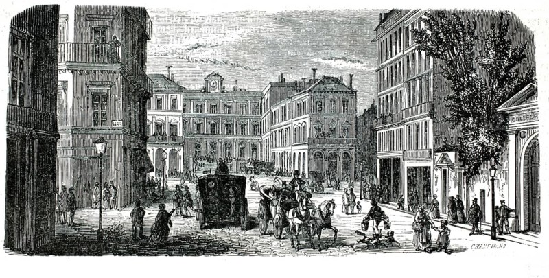 Engraving of the first Gare Saint-Lazare in Paris from 1847, then known as Embarcadere de Paris. The view is directed from Rue du Havre towards the station building and the forecourt, France, authentic, high-resolution reproduction from a 19th-century model, exact date of depiction unknown, historical