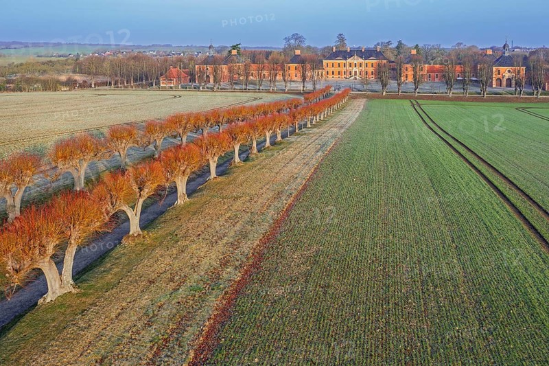Avenue of linden trees leading to Schloss Bothmer, 18th century Baroque palatial manor house near Klütz in winter, Mecklenburg-Vorpommern, Germany