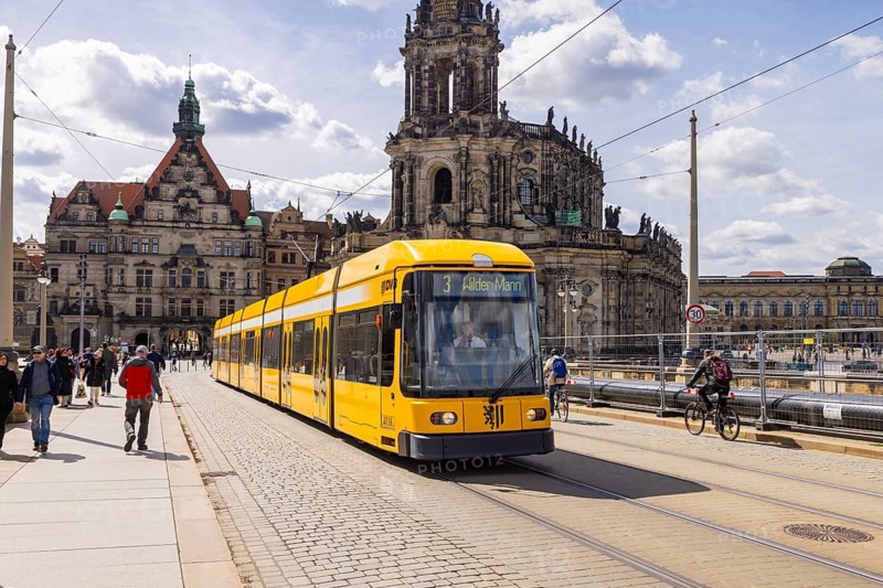 DVB tram on Augustus Bridge, Dresden, Saxony, Germany