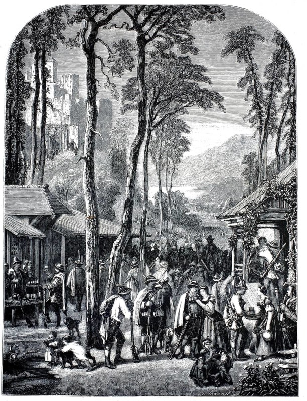 Set off to hunt in Styria 1860. An assembled hunting party in traditional traditional costume in a wooded mountain landscape of Styria, with a castle perched on a rock in the background. Austria, authentic, high-resolution reproduction from a 19th century original, exact date of depiction unknown, historical