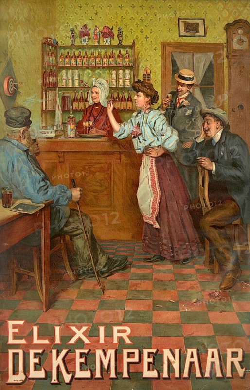 Advertising poster, beverage advertisement, advertising poster for Elixir de Kempenaar, a Belgian spirit designed around 1905 by Ernest Godfrinon. The chromolithograph was printed by J.L. Goffart in Brussels and depicts a convivial pub scene, authentic reproduction of a historical advertising poster, advertising sign, in high resolution