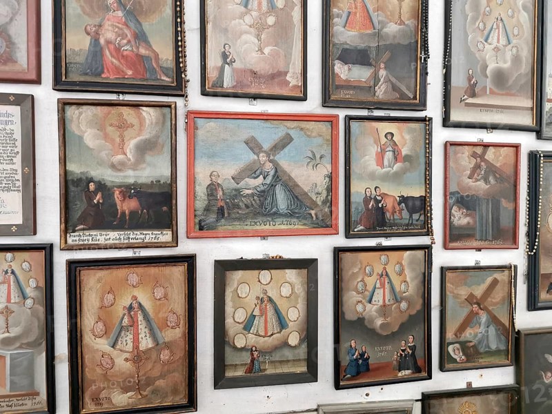 Votive tablets in the monastery church, votive paintings, Mönchsdeggingen monastery, former monastery of the Mariannhill missionaries, near Nördlingen on southern Riesrand, Donau-Ries district, Swabia, Bavaria, Germany