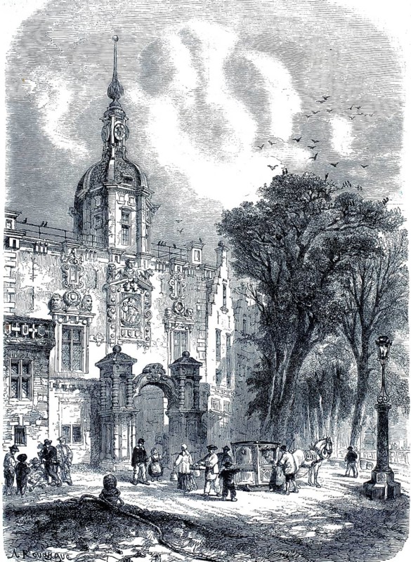 The illustration depicts the famous Groothoofdspoort (Groothoofd Gate) in the Dutch city of Dordrecht around 1860. Essentially a medieval city gate, it was redesigned in the 17th century in the imposing Renaissance style. The illustration captures a bustling everyday scene from the 19th century, complete with a horse-drawn carriage, passers-by in period costume and a classic gas lantern in the foreground, an authentic, high-resolution reproduction of a 19th-century original, the exact date of the scene is unknown, Historical