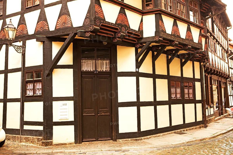 City of Quedlinburg Saxony-Anhalt old half-timbered façade corner Stieg, Hölle Quedlinburg, Saxony-Anhalt, old town, half-timbered façade, Stiehlle corner, historic half-timbered building, UNESCO World Heritage, medieval old town, historic architecture, cobblestones, half-timbered houses, Harz Mountains, Germany