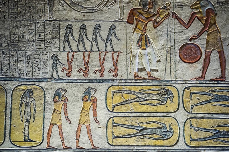 Colourful reliefs and wall paintings and hieroglyphs, tomb, Pharaoh Ramesses IX, Valley of the Kings, UNESCO World Heritage Site, Thebes, Luxor, Egypt