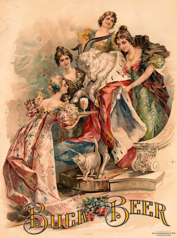 Advertising poster, beverage advertisement, bock beer advertising poster from 1880, published by W.E. Stephens & Co. The picture shows a humorous scene in which a goat in royal garb is served by four woman in Victorian clothes, authentic reproduction of a historical advertising poster, advertising sign, in high resolution