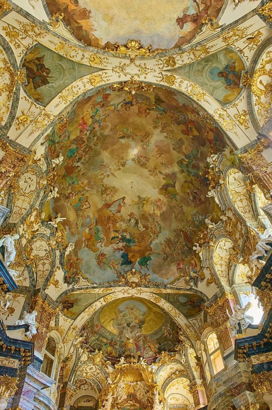 Magnificent baroque hall with gilded decorations and ornate frescoes on the ceiling, Hofkirche, Würzburg Residence, Würzburg, Bavaria, Germany
