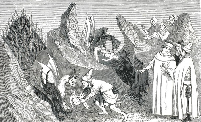 Mount Gibel, Etna, Etna. In the foreground, a traveler in Eastern European or Oriental traditional costume tries to save or protect a naked toddler or a small human figure from winged, draconian demons. On the right, a group of scholars or nobles is closely following the events. In the background, more figures look down from the rocks, 1860, authentic, high-resolution reproduction from a 19th century original, exact date of depiction unknown, historical