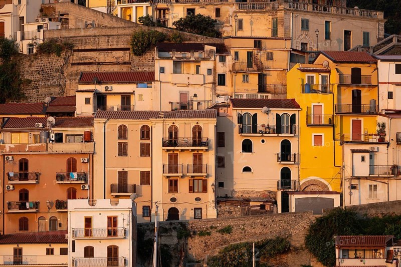 Houses, just after sunrise, Scilla, on the Strait of Messina, Calabria, Italy