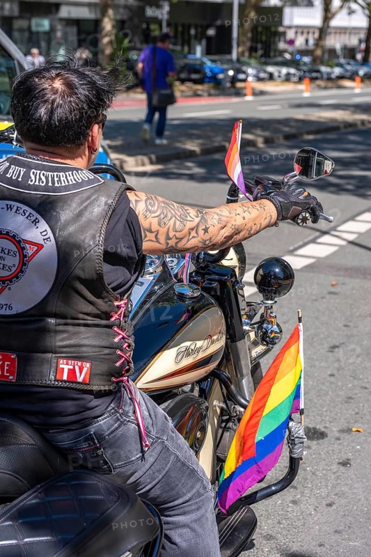 The Dykes on Bikes Rhein-Weser, a lesbian motorcycle club, at Ruhrpride in Essen, CSD, largest queer street festival in the Ruhr area, demonstration with around 4000 participants and subsequent street festival in the city with around 12, 000 people, North Rhine-Westphalia, Germany