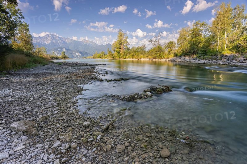 River, riverbed, trees, mountains, gravel, sunny, low tide, drought, August 2026, climate change, Loisach, Kochel, behind Herzogstand, Heimgarten, Bavarian Alps, Alpine foothills, Bavaria, Germany