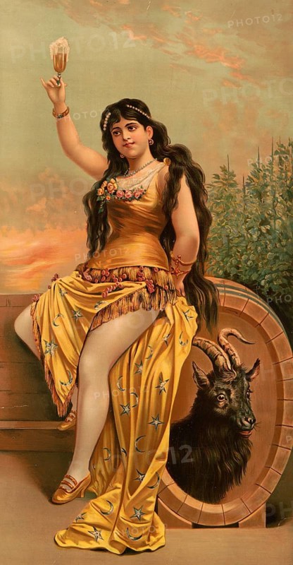 Advertising poster, beverage advertisement, This picture shows a historic advertising poster for Crescent buck beer from 1889, designed by German-American artist Henry Jerome Schile. A woman in a yellow dress with star and moon motif sits on a barrel next to a goat, authentic reproduction of a historical advertising poster, advertising sign, in high resolution