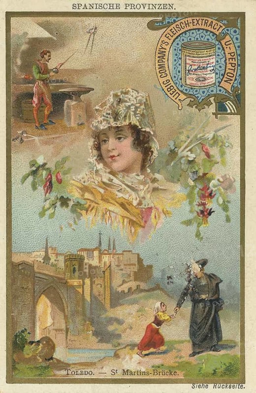 Photo series of Spanish provinces, scene from Toledo, Spain, with the medieval bridge Puente de San Martín, which was built in the 13th century, favorite painting, digitally restored reproduction of a collector's painting from around 1900, exact date unknown