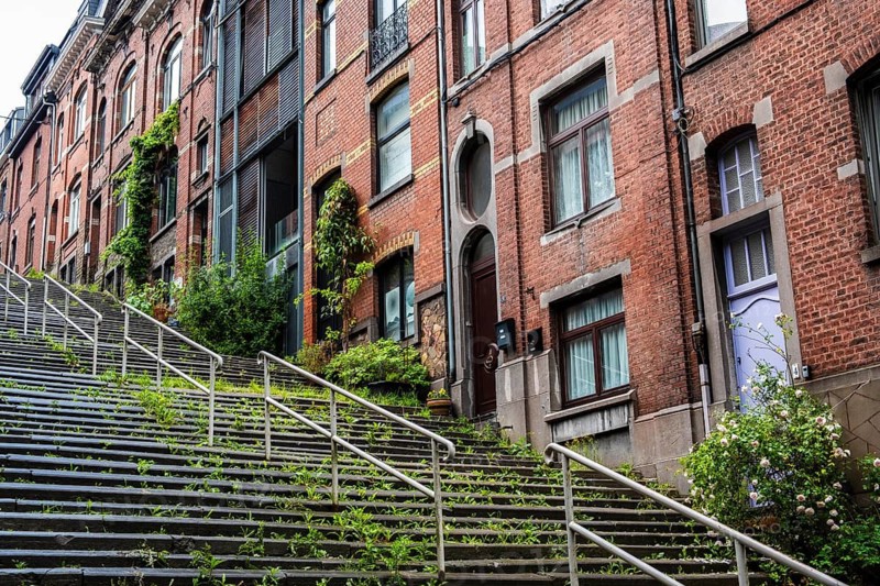 A staircase with old brick houses near Liège-Guillemins train station, Liège, Belgium