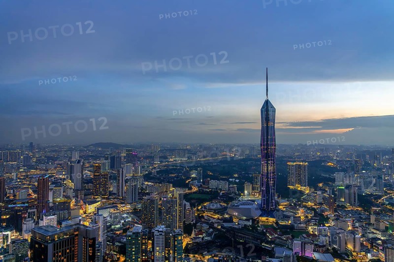 Merdeka 118, Merdeka Tower, neo-futuristic megatall skyscraper illuminated in the evening in capital city Kuala Lumpur, tallest building in Malaysia