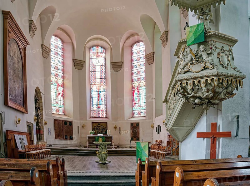 Altar room of the Protestant Margaret Church, late Gothic hall church, interior photo, Neumarkt, Gotha, Thuringia, Germany