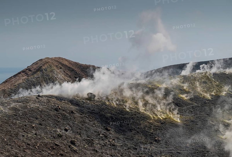 Crater rim, sulfur, sulfur vapors rise, Vulcano, Aeolian or Lipari Islands, Sicily, southern Italy, Italy