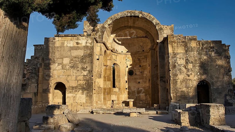 Titus Basilica, Greece, ancient ruin with large arch and tree in the background, Gortyn, Gortyna, Gortys, ancient city in central southern Crete, later capital of the Roman province of Creta, Crete, Greek Islands, Greece