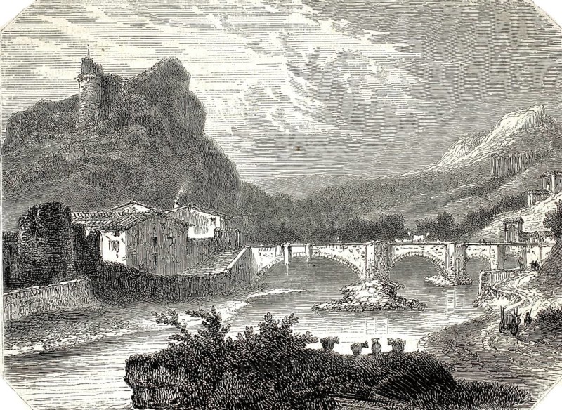 Espaly Castle, Chateau d'Espaly, on the rock on the left and a stone bridge over the Borne River, Auvergne-Rhone-Alpes region, France, 1860, authentic, high-resolution reproduction from a 19th-century model, exact date of depiction unknown, historical