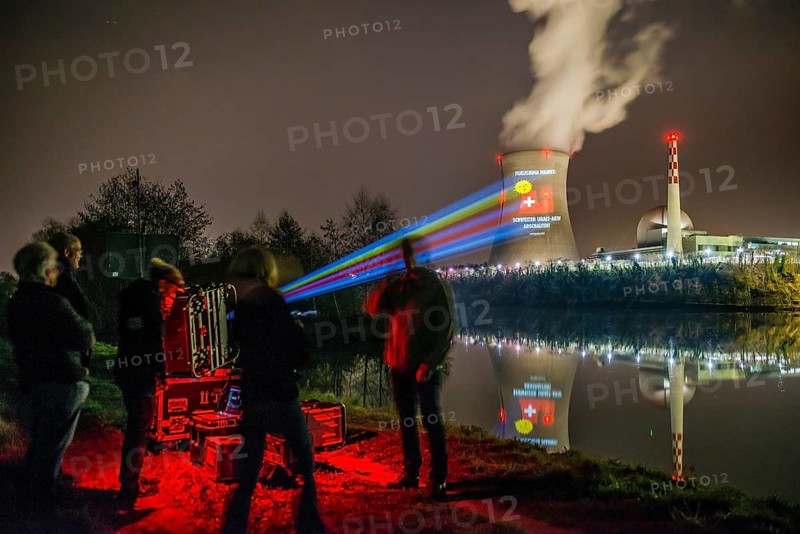 Protest action broadcast by the anti-nuclear organization, projection, night view, 05-03-2026, Waldshut, Leibstadt nuclear power plant, Rhine, Upper Rhine, Canton of Aargau, Switzerland