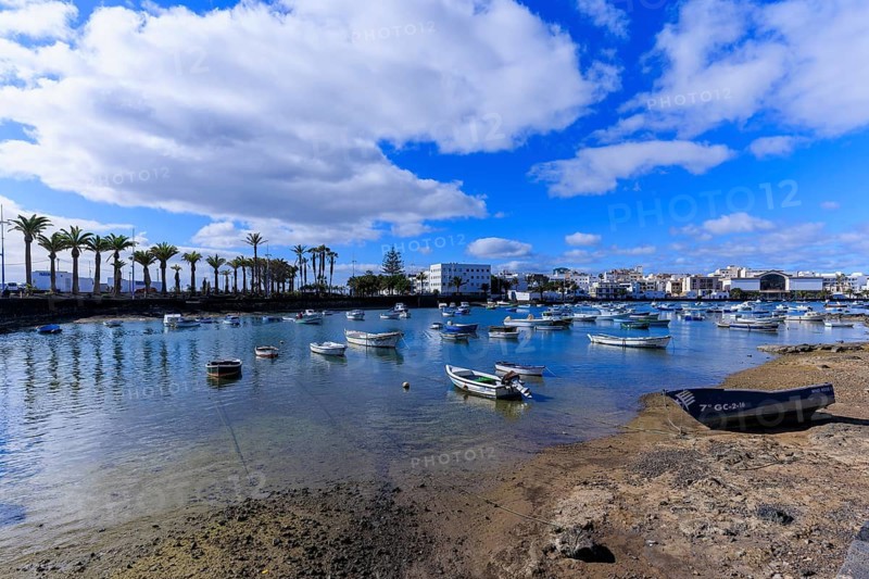 Lanzarote, Canary Islands, Spain, Europe, Charco San Gines harbour area in Arrecife, boats in the harbour surrounded by palm trees and coastal town, under partly cloudy sky