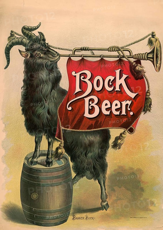 Advertising poster, beverage advertisement, vintage bock beer poster from 1894, a black goat standing on a wooden barrel and carrying a red banner, authentic reproduction of a historical advertising poster, advertising sign, in high resolution