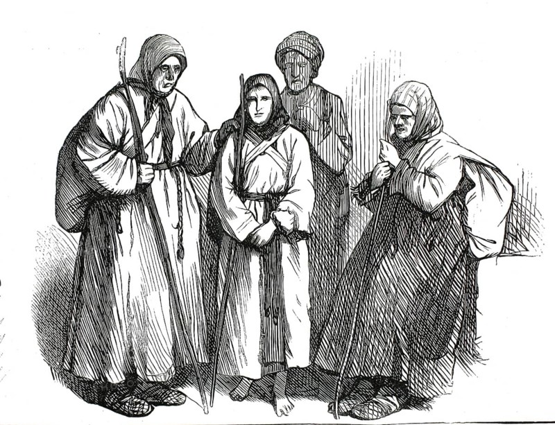 Historically, the woman depicted were often blind beggars (mendiants aveugles) who travelled together as itinerant groups throughout Tsarist Russia and Eastern Europe. These groups moved from village to village, from market to market, and in particular to large monasteries. They lived on alms (begging) and, in return, often sang sacred songs, an authentic, high-resolution reproduction of a 19th-century original, exact date of the depiction unknown, historical